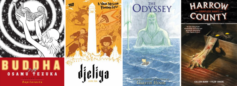 Book covers for Buddha: Vol. 1, Djeliya, The Odyssey and Harrow County: Countless Haunts