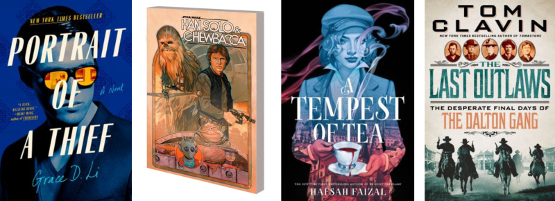 Book covers for Portrait of a Thief, Han Solo and Chewbacca, A Tempest of Tea and The Last Outlaws