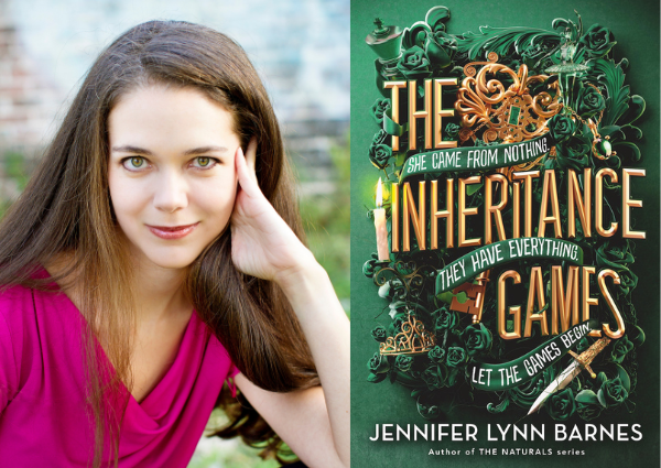 Jennifer Lynn Barnes with the cover of her book, The Inheritance Games