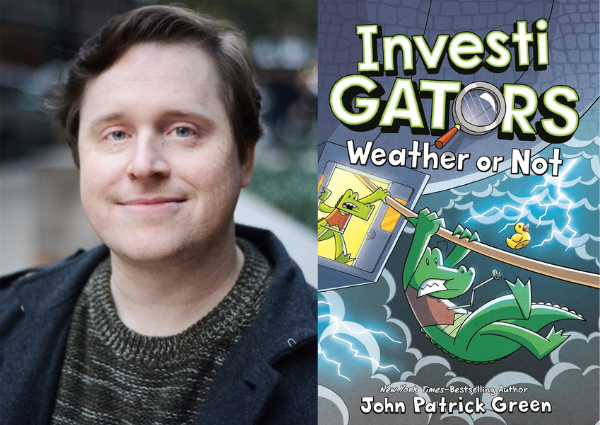 John Patrick Green with the cover of his book, InvestiGators: Weather or Not