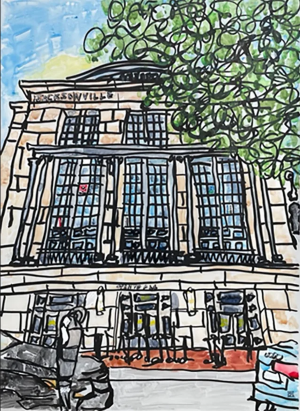 A loose watercolor painting of the Main Library by Teresa Cook
