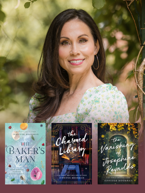 Jennifer Moorman with book covers: The Baker's Son, The Charmed Library, and The Vanishing of Josephine Reynolds