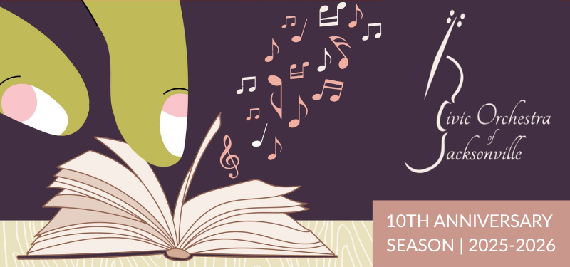 Civic Orchestra of Jacksonville 10th Anniversary Season. Music notes are released as a finger turns the page of a book. 