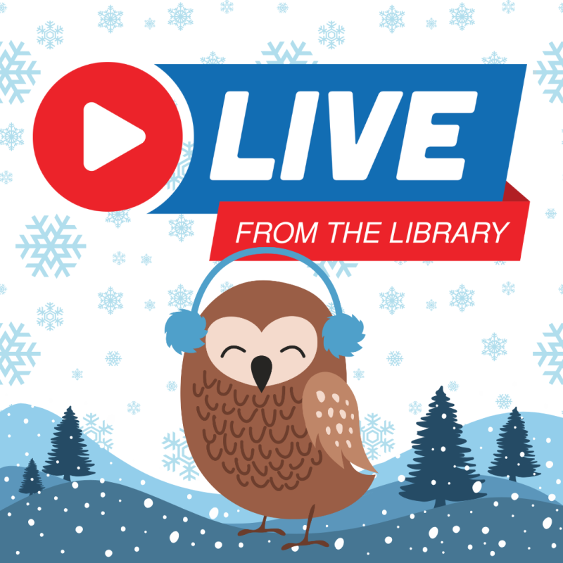 Live from the Library logo. Includes illustration of an owl wearing ear warmers