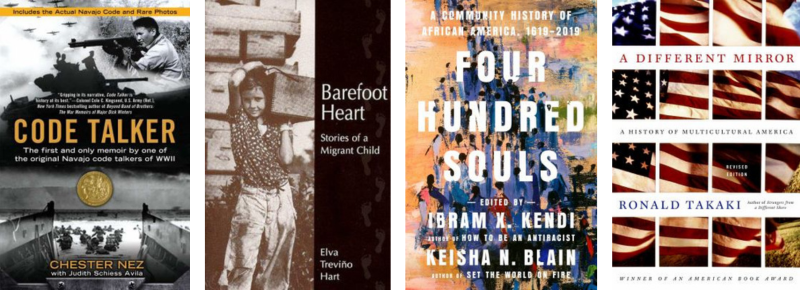 Book covers for Code Talker, Barefoot Heart, Four Hundred Souls, and A Different Mirror