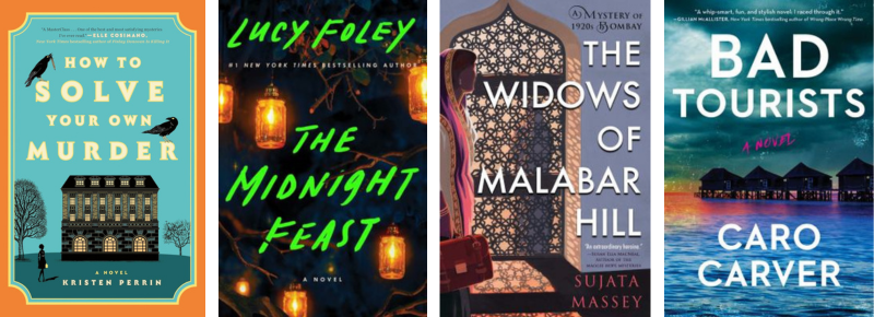 Book covers for How to Solve Your Own Murder, The Midnight Feast, The Widows of Malabar Hill and Bad Tourists