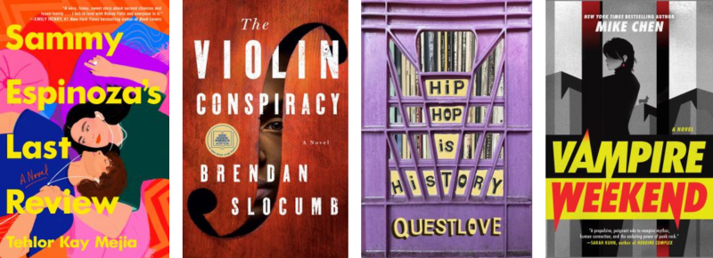Book covers for Sammy Espinoza's Last Review, The Violin Conspiracy, Hip Hop Is History, and Vampire Weekend