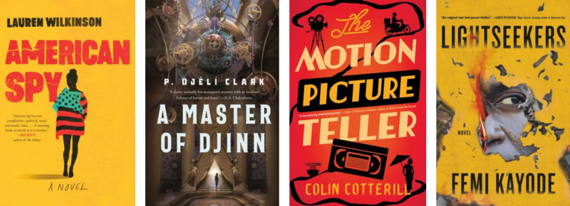 Book covers for American Spy, A Master of Djinn, The Motion Picture Teller and Lightseekers