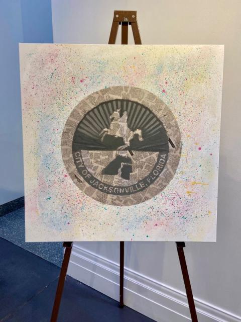 A mixed media collage on canvas recreating the City of Jacksonville seal