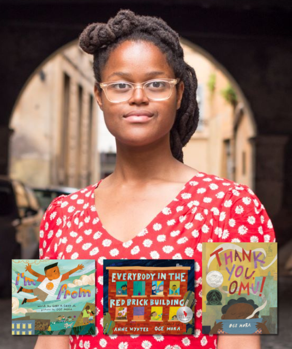 Oge Mora with three of her book covers