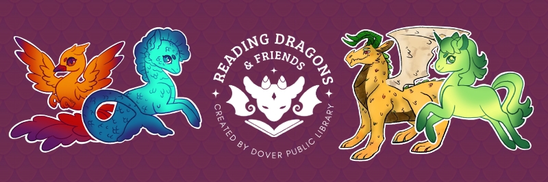 Four reading dragons and friends cards and the logo created by Dover Public Library
