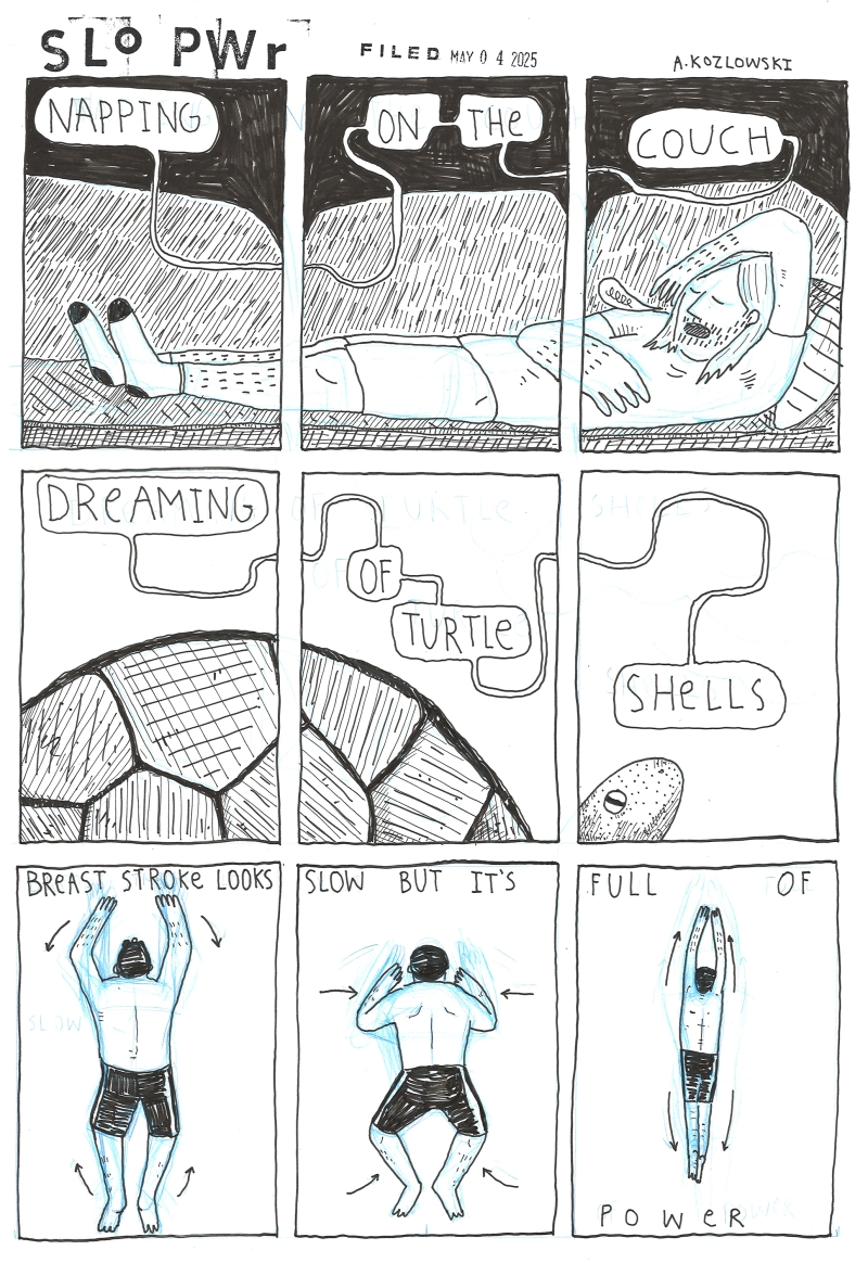An image of a comic thinking about naps, turtle shells, and slowing down.