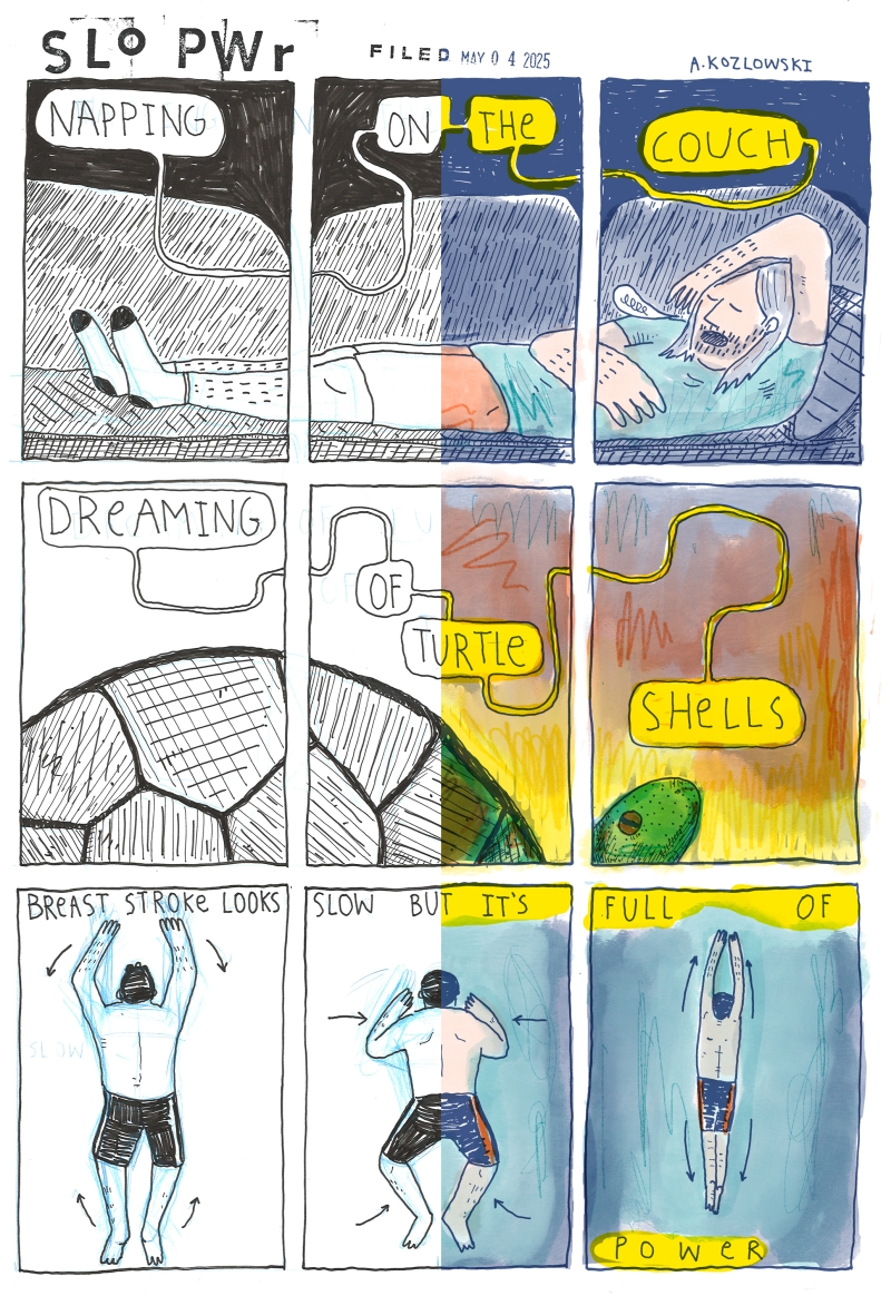 An image of a comic thinking about naps, turtle shells, and slowing down.
