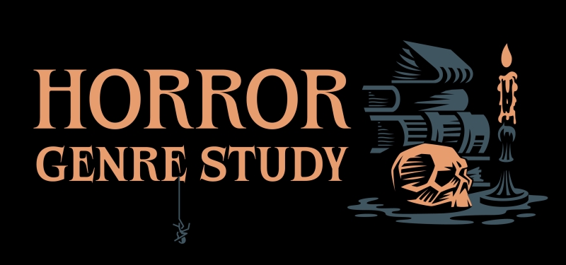 Horror Genre Study. Image includes a skull in front of a stack of books.