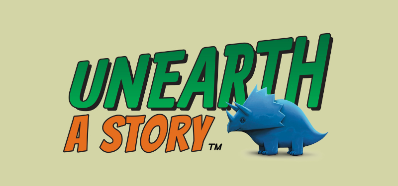 Unearth a Story featuring an illustrated blue dinosaur