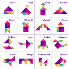 Illustrated examples of various colorful tangram shapes - house, boat, tower, pyramid, rocket, windmill