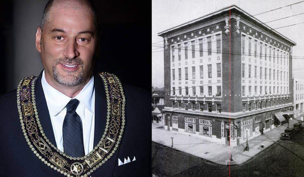 Contemporary photo of Jerry Urso beside a historic photo of the Prince Hall Masons Lodge in Jacksonville