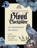 Blood on the Clocktower. Flyer includes an illustration of a raven sitting atop a skull.