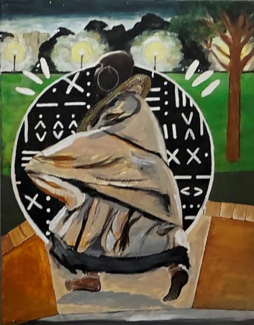 Acrylic painting titled 'Portals 2' featuring a dancing Black woman in ceremonial garb in front of a circular portal