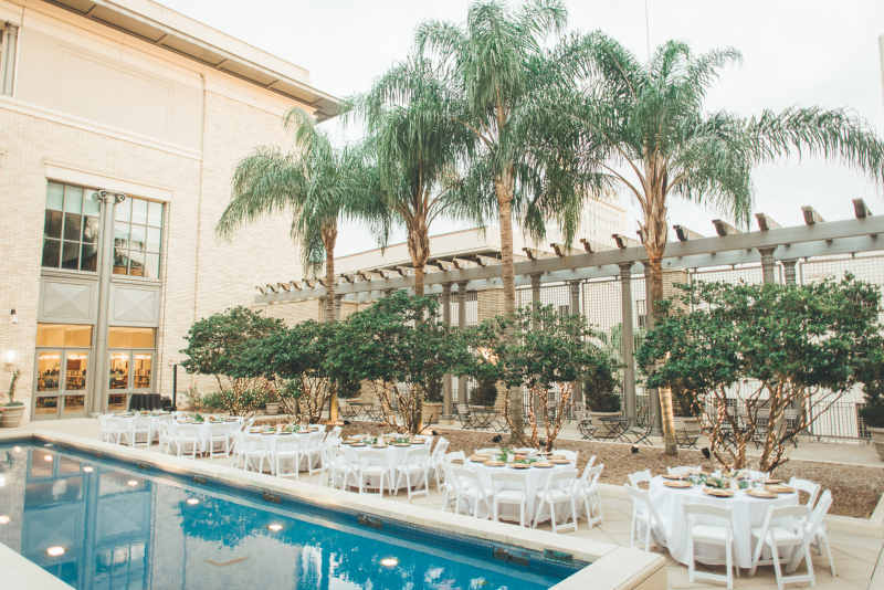 photo of tables set up in the atrium of the library