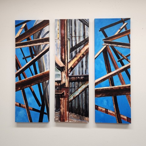 Does Anything Last? by Dawn Inglis Montgomery. A triptych acrylic painting of steel support beams.