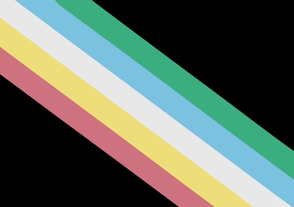 Disability Pride flag. Includes diagonal bands of color including green, blue, white, gold and red on a black background
