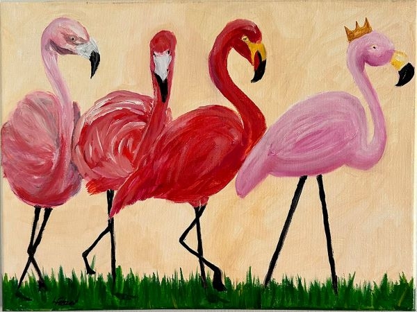 Painting of a parade of flamingos. The leader of the pack sports a crown.