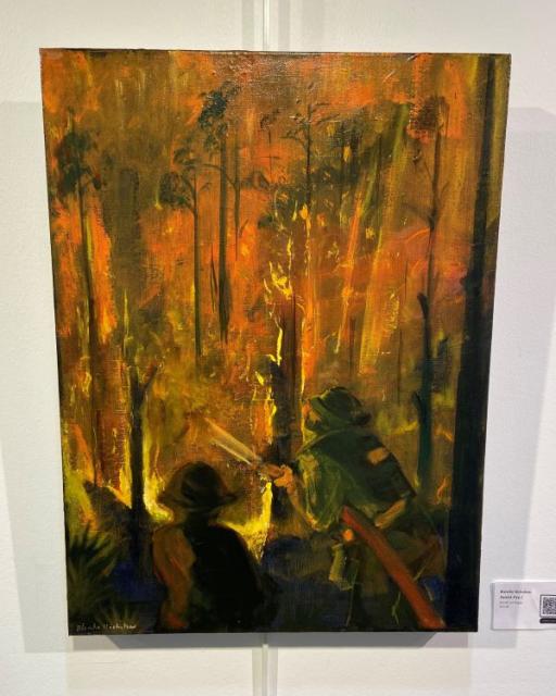 Painting two fire fighters battling a wild fire