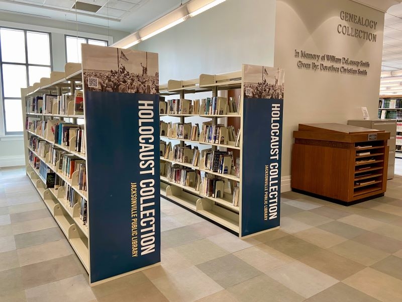 A photo of the shelves housing the Holocaust Collection in Special Collections