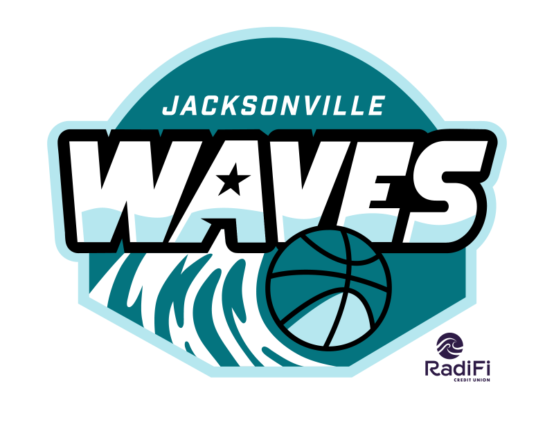 Jacksonville Waves logo with a teal basketball being tossed by a wave
