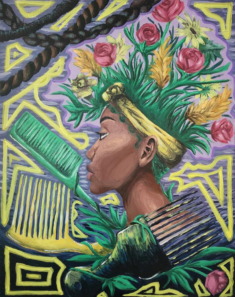 Student art piece. Shows a young Black with flowers growing our of her hair. She's surrounded by braids, combs and hair picks.