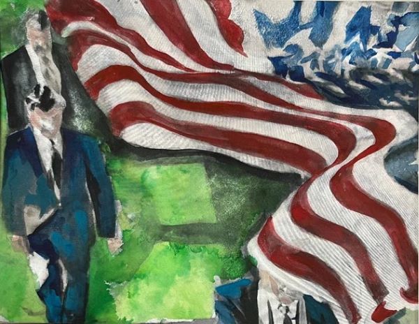 'Old Glory' by Gail Karson. Watercolor painting of veterans with an American flag.