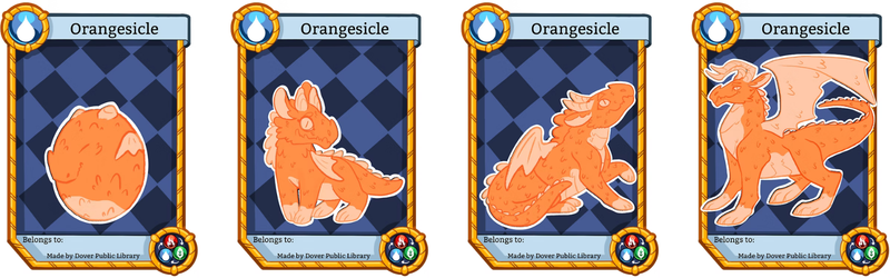 A family of 'Orangesicle' dragons, inspired by orange popsicles. There is an egg, baby, teen and adult version.