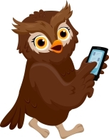 a cartoon owl, with a smart phone