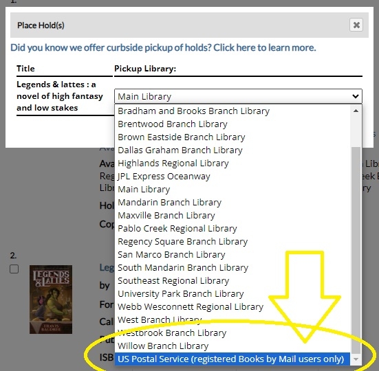 Screenshot of a "Place Hold" pop up window. An arrow points to "US Postal Service" at the bottom of a list of pickup libraries.