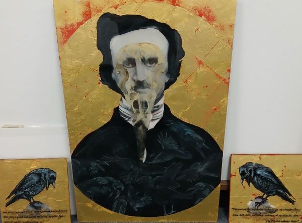 A triptych of Edgar Allen Poe and two ravens
