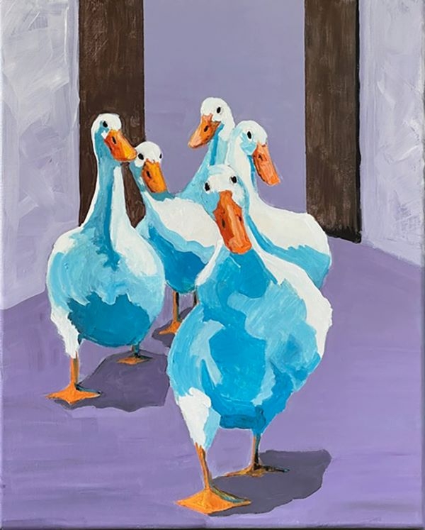 Painting of several ducks walking towards the viewer