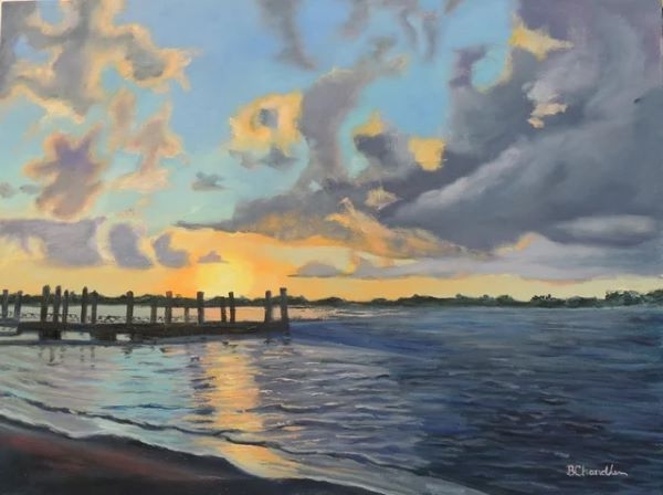 Landscape painting of a shore with a small pier
