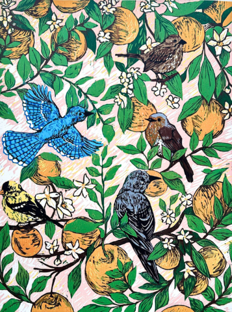 Spring Serenade by Kristina Hoover shows multiple birds perched on the branches of an orange tree