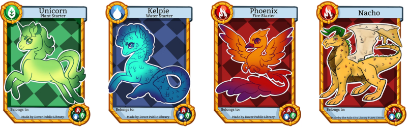 Trading cards with a green unicorn, blue kelpie, red phoenix and "nacho" dragon, each showing its type as leaf, water or fire.