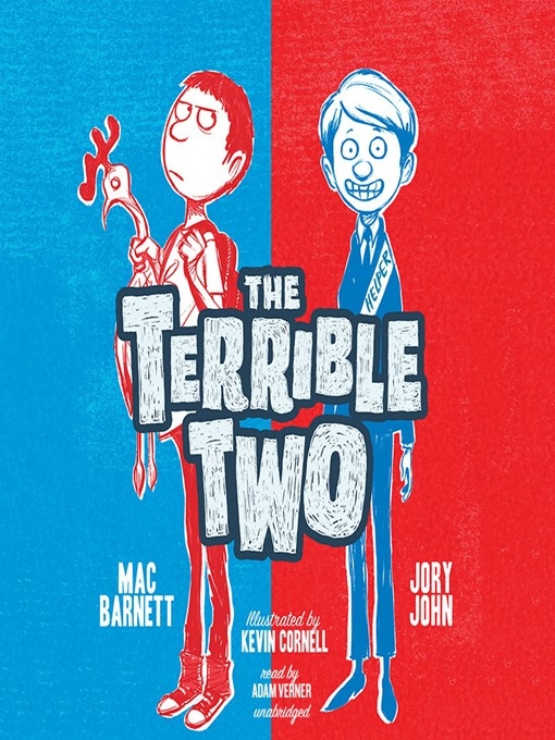 the cover of terrible twos, two boys outlined in white with blue and red backgrounds