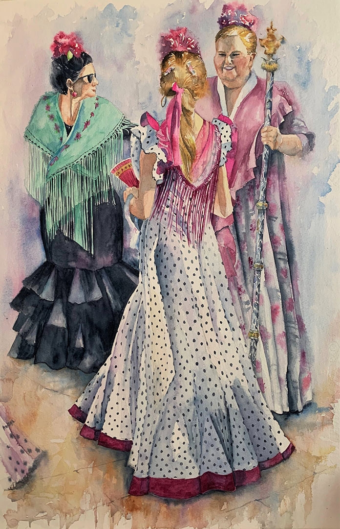 Watercolor painting of three women dressed in finery