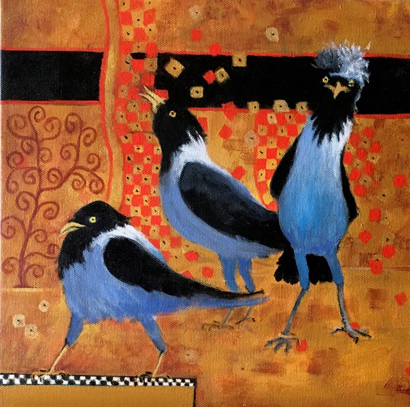 A parade of birds, delicately painted in blue colors on a rust background