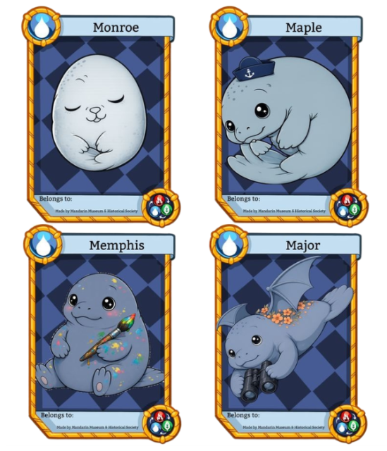 Cards labeled Monroe, Maple, Memphis and Major featuring baby to adult stages of a manatee-inspired dragon.