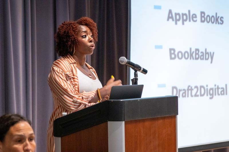 Author Nikesha Elise Williams leading a Writer's Lab workshop in the auditorium