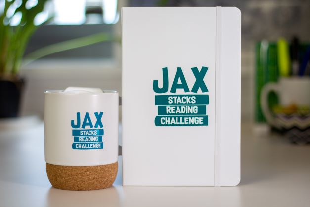 Jax Stacks branded tote, pen, notebook, sticker and mug