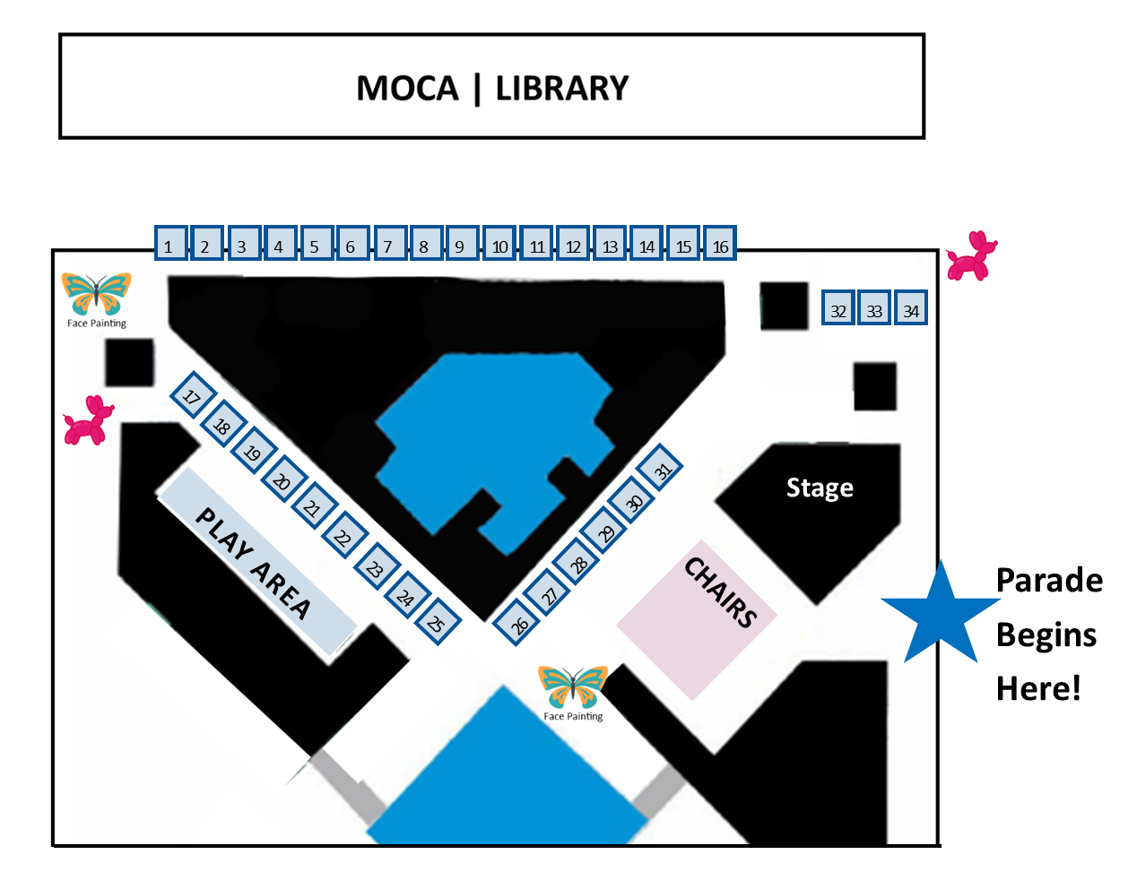 Map of the set up for Family Reading Day at James Weldon Johnson Park
