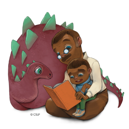 Illustration of a with a father and son reading, next to a dinosaur