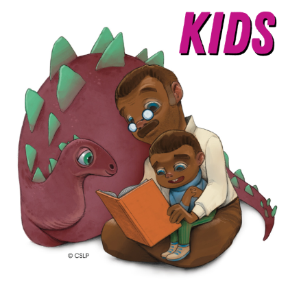 Kids with a father and son reading, next to a dinosaur
