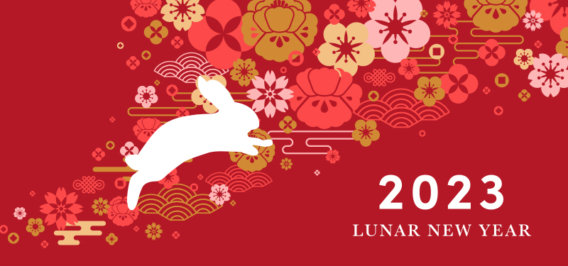 Lunar New Year. Image shows a white rabbit jumping across a red background filled with stylized flowers.